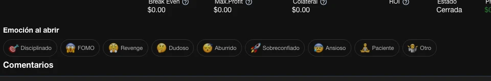 Selector de emociones al abrir una operación en Bitacorale